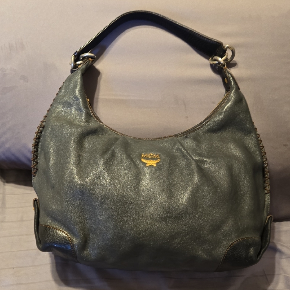 MCM Black Leather & Brown Stitch Hobo Bag